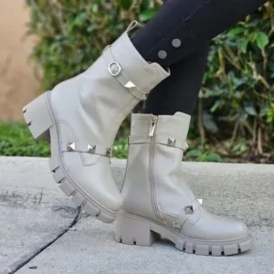 Women's‎ Grey Pyramid Stud Ankle Combat Boot