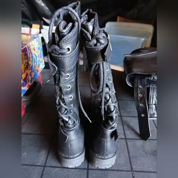 Womens Harley Davidson Black Leather Boots, Sz 9 Mid Calf Gently Worn