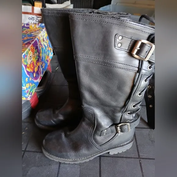 Womens Harley Davidson Black Leather Boots, Sz 9 Mid Calf Gently Worn
