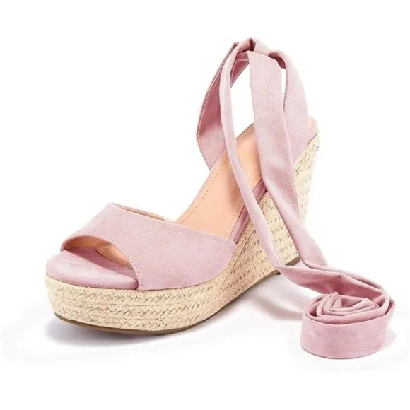 Womens Lace up Espadrilles Platform Wedges Sandals Pink