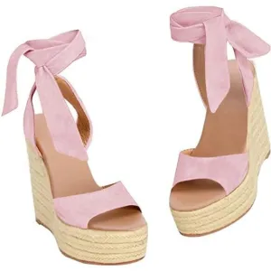 Womens Lace up Espadrilles Platform Wedges Sandals Pink