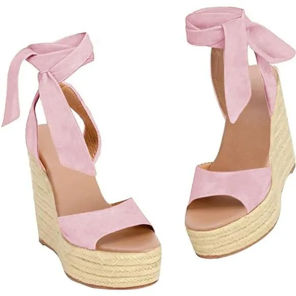 Womens Lace up Espadrilles Platform Wedges Sandals Pink