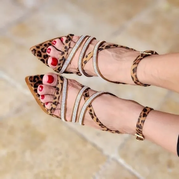 Women's Leopard Print Rhinestone Strappy High Heels
