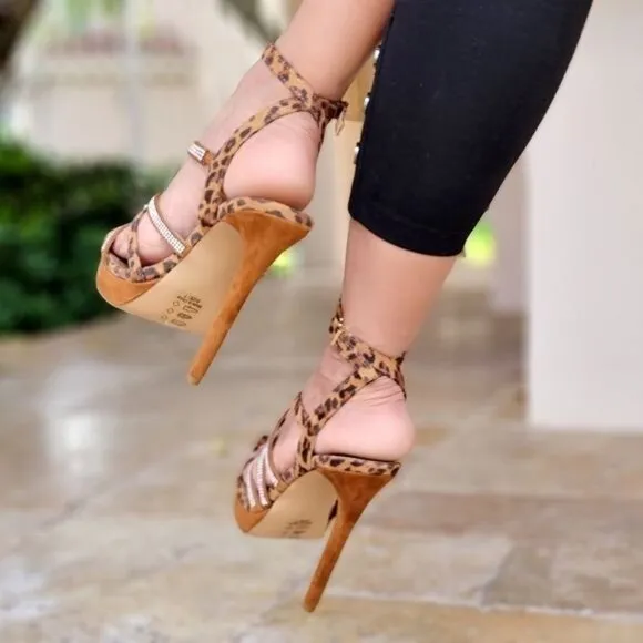 Women's Leopard Print Rhinestone Strappy High Heels