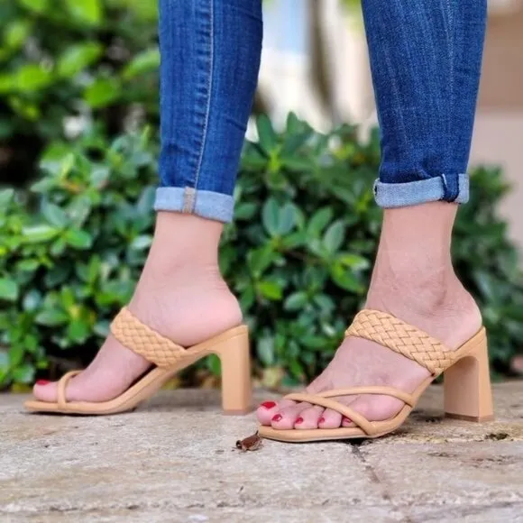 Women's Natural Braided Chunky Block Heel‎ Slide Sandals
