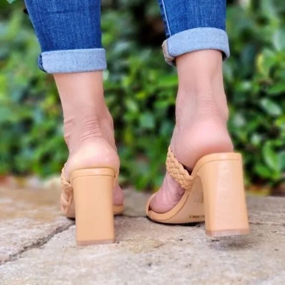 Women's Natural Braided Chunky Block Heel‎ Slide Sandals