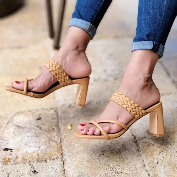 Women's Natural Braided Chunky Block Heel Slide Sandals