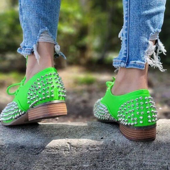 Women's Neon Green Silver Studded Lace Up Flat Oxford Shoes