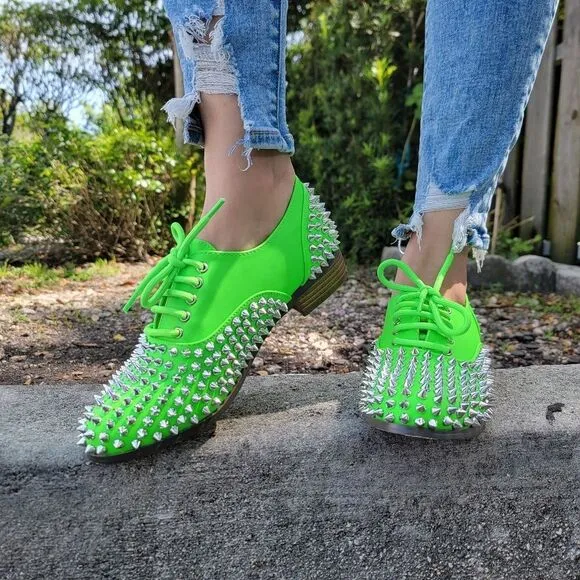 Women's Neon Green Silver Studded Lace Up Flat Oxford Shoes