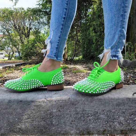 Women's Neon Green Silver Studded Lace Up Flat Oxford Shoes