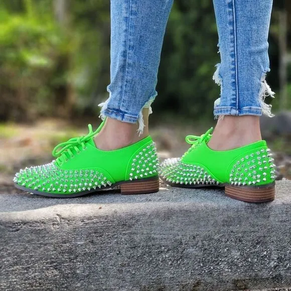 Women's Neon Green Silver Studded Lace Up Flat Oxford Shoes