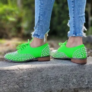 Women's Neon Green Silver Studded Lace Up Flat Oxford Shoes