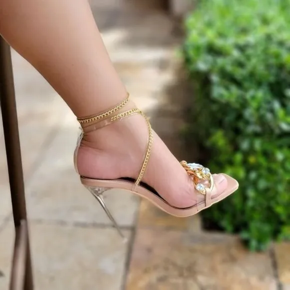 Womens Nude Strappy  Rhinestones Chain‎ Sandals