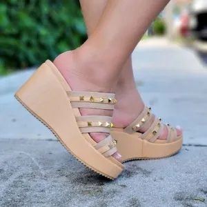 Women's Nude Studded Wedge Open Toe Sandals