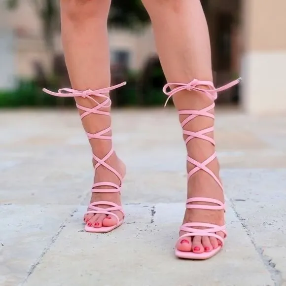 Women's Pink Strappy Pyramid Heel Gladiator Sandals