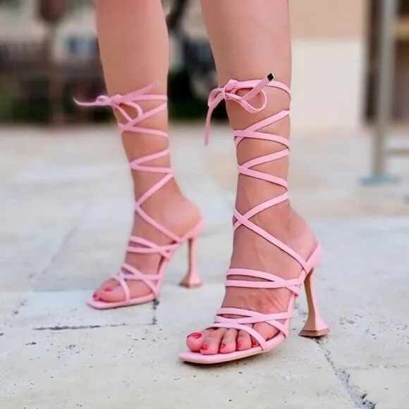 Women's Pink Strappy Pyramid Heel Gladiator Sandals
