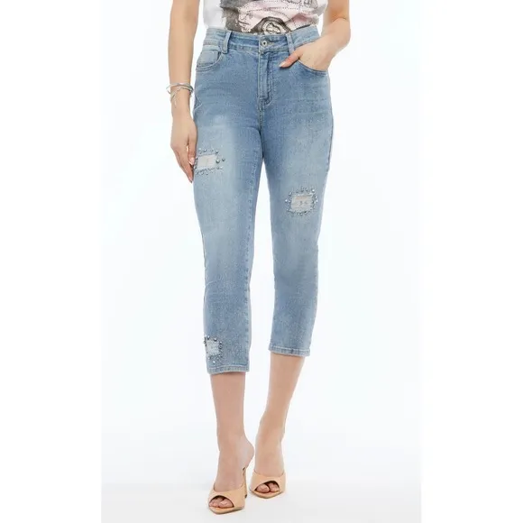 Women's Rhinestone Capri Jeans Size 8 ORLY Stretchy Denim Dressy Embellished NWT