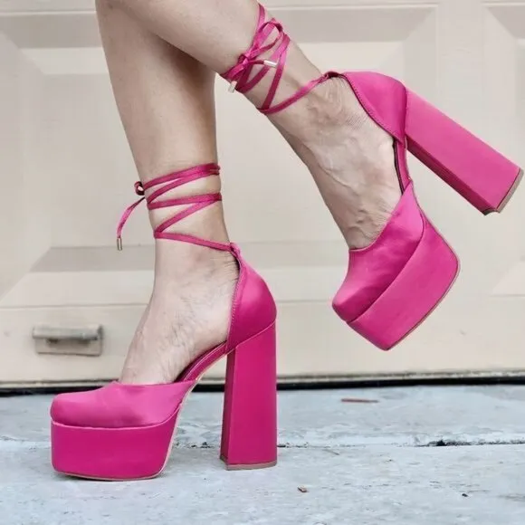 Womens Satin Platform Chunky Lace Up Heels Pink Color