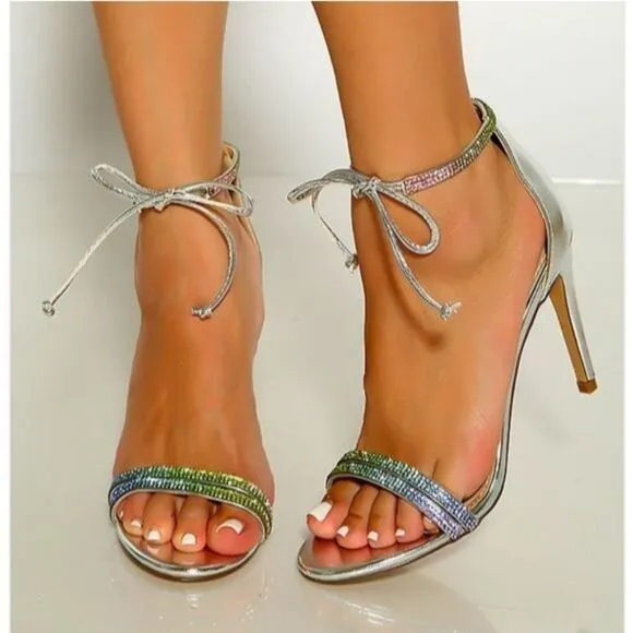 Women's Silver Rhinestone Front Tie Lace Up Detail Single Sole High Heels