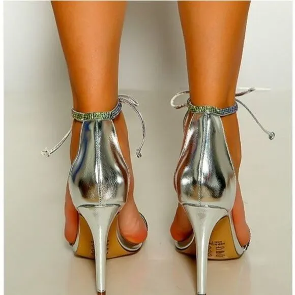 Women's Silver Rhinestone Front Tie Lace Up Detail Single Sole High Heels