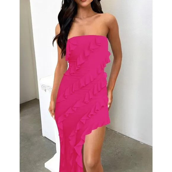 Women's Strapless Bodycon Sexy Off Shoulder Ruffle Side Party Maxi Dresses