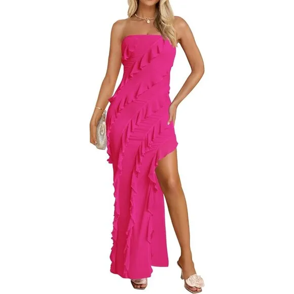 Women's Strapless Bodycon Sexy Off Shoulder Ruffle Side Party Maxi Dresses