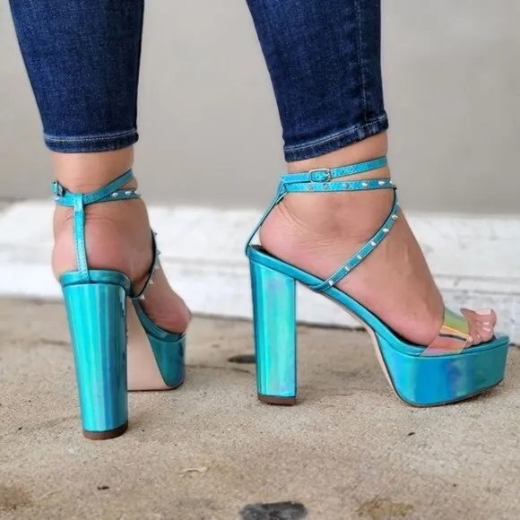 Women's Studded Platform Ankle Strap High Heel Sandal Blue Metalic Color
