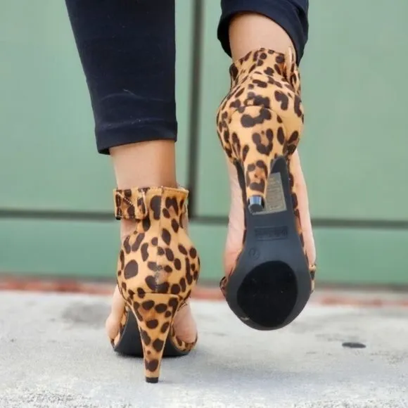 Womens Suede Ankle Strap Cone Heel Dress‎ Sandals Leopard Color