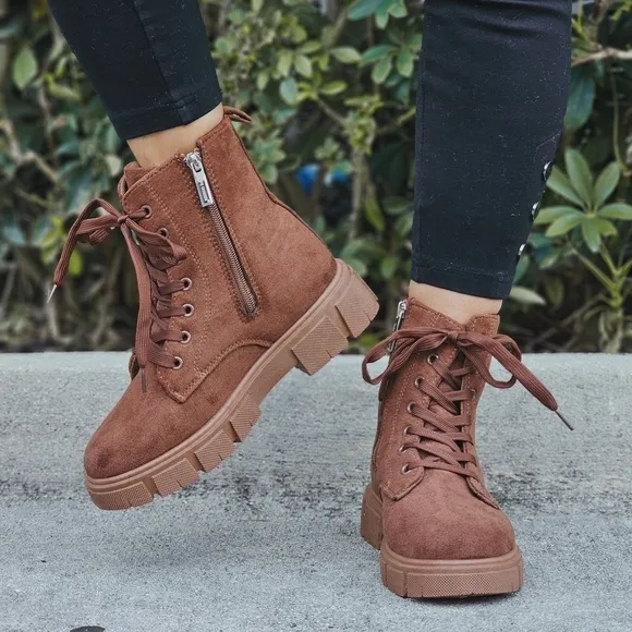 Womens Suede Brown Combat Ankle Boots Lace Up Heeled