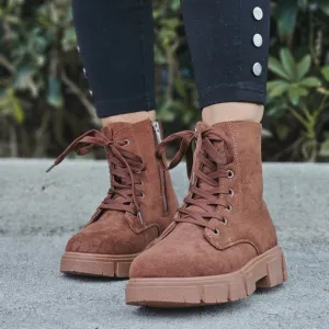 Womens Suede Brown Combat Ankle Boots Lace Up Heeled