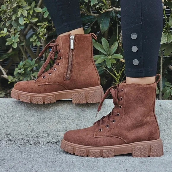 Womens Suede Brown Combat Ankle Boots Lace Up Heeled