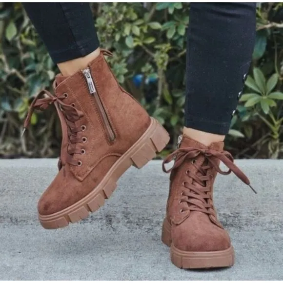 Womens Suede Brown Combat Ankle Boots Lace Up Heeled