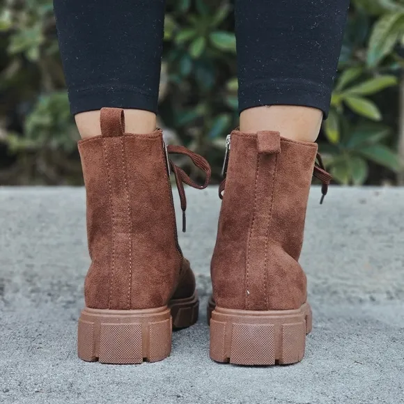 Womens Suede Brown Combat Ankle Boots Lace Up Heeled