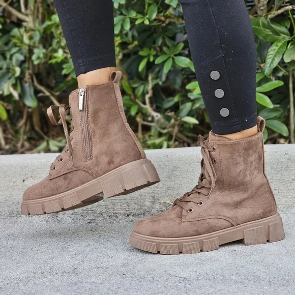 Womens Suede Nude Combat Ankle Boots Lace Up Heeled