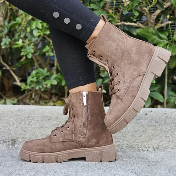 Womens Suede Nude Combat Ankle Boots Lace Up Heeled
