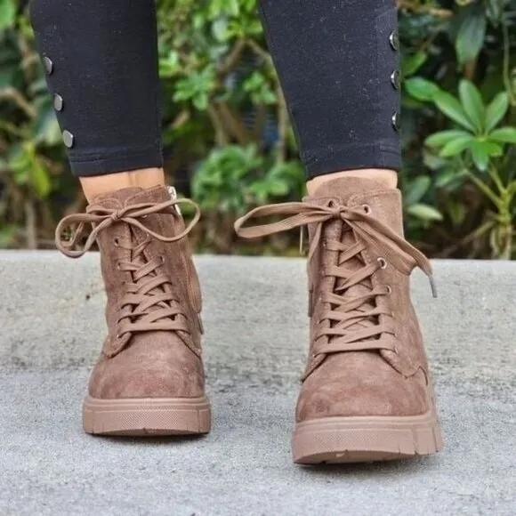 Womens Suede Nude Combat Ankle Boots Lace Up Heeled