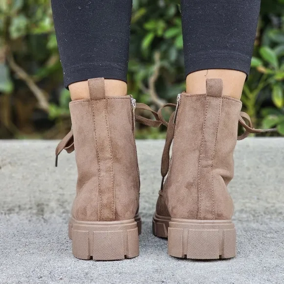 Womens Suede Nude Combat Ankle Boots Lace Up Heeled