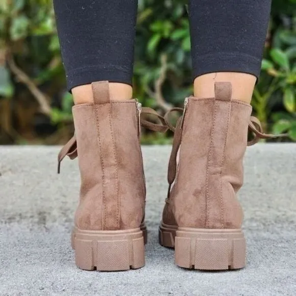 Womens Suede Nude Combat Ankle Boots Lace Up Heeled
