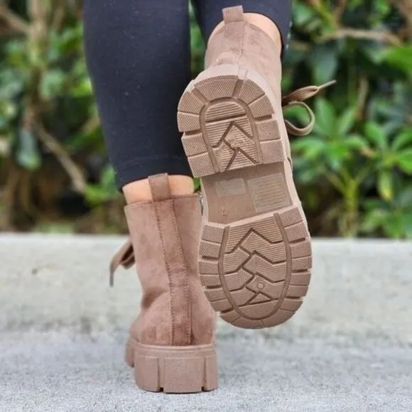 Womens Suede Nude Combat Ankle Boots Lace Up Heeled