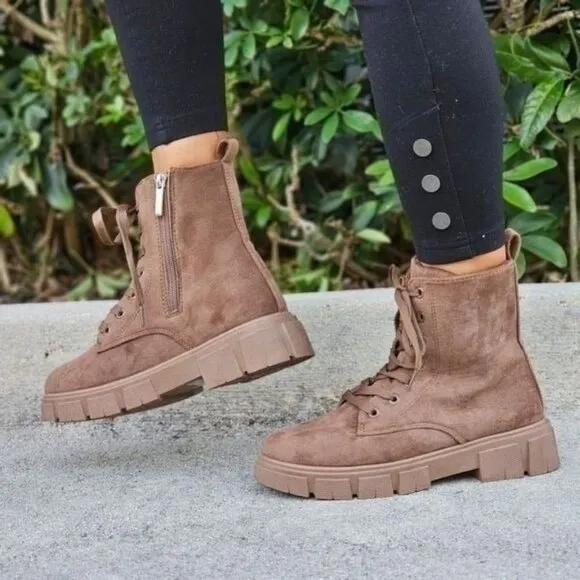 Womens Suede Nude Combat Ankle Boots Lace Up Heeled