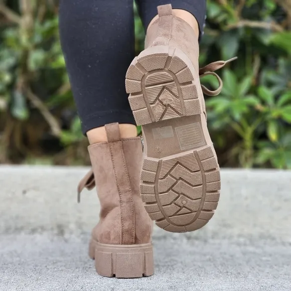 Womens Suede Nude Combat Ankle Boots Lace Up Heeled