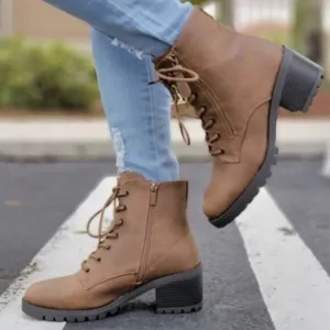 Women's Tan Combat Ankle Lace Up Heeled Ankle‎ Boots
