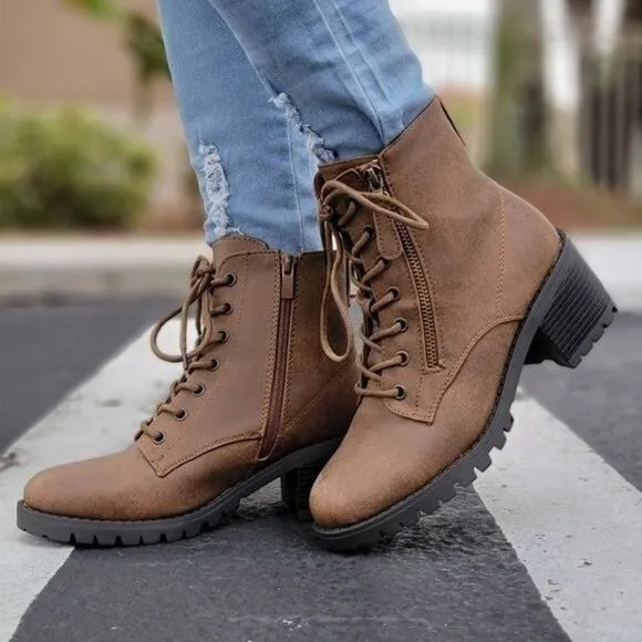 Women's Tan Combat Ankle Lace Up Heeled Ankle Boots