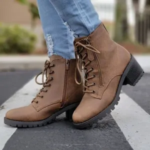 Women's Tan Combat Ankle Lace Up Heeled Ankle Boots