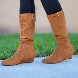Women's Tan Wrinkle Finish Calf Length Pull On Boots Rounded Toe