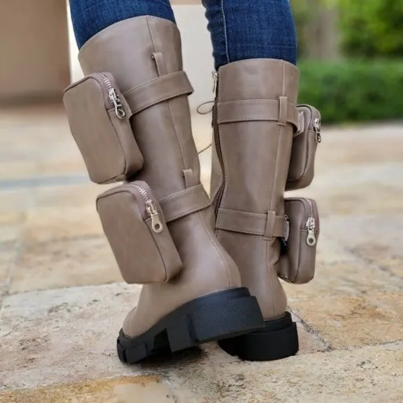 Women's Taupe Lace up High Combat Boots Lug Sole