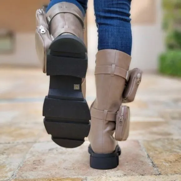 Women's Taupe Lace up High Combat Boots Lug Sole