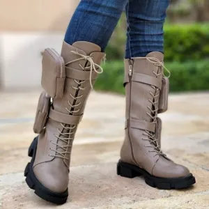Women's Taupe Lace up High Combat Boots Lug Sole