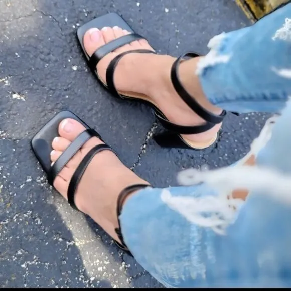 Womens Triple Straps Chunky Heels Sandals Black Color