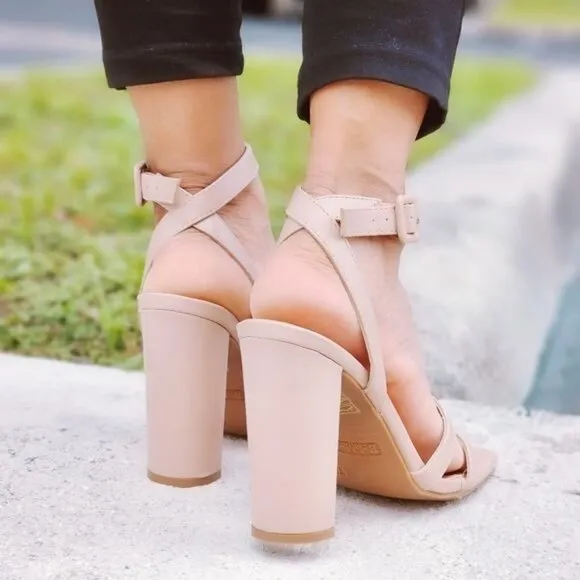 Womens Triple Straps Chunky Heels Sandals Nude Color
